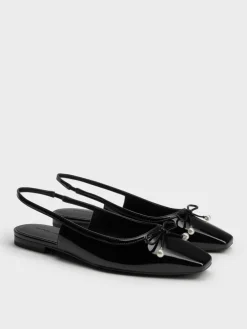 Barbara Patent Pearl-Bow Slingback Flats