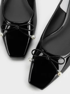 Barbara Patent Pearl-Bow Slingback Flats