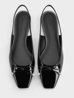 Barbara Patent Pearl-Bow Slingback Flats