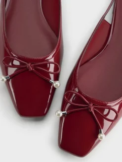 Barbara Patent Pearl-Bow Slingback Flats