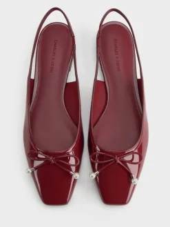 Barbara Patent Pearl-Bow Slingback Flats