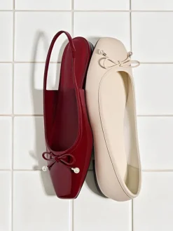 Barbara Patent Pearl-Bow Slingback Flats
