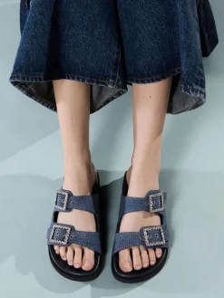 Denim Gem-Buckle Double-Strap Sandals