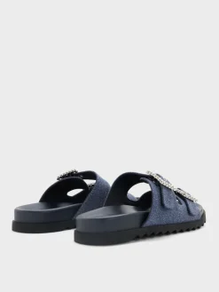 Denim Gem-Buckle Double-Strap Sandals