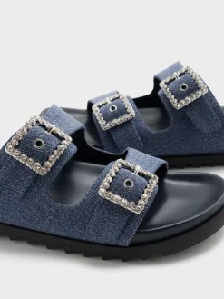 Denim Gem-Buckle Double-Strap Sandals