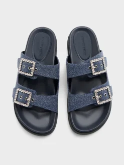 Denim Gem-Buckle Double-Strap Sandals