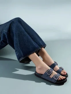 Denim Gem-Buckle Double-Strap Sandals