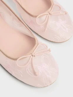Embroidered-Mesh Bow Ballet Flats