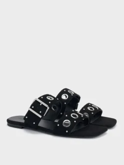 Faux Suede Grommet Buckled Slides