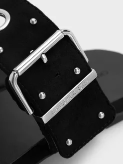 Faux Suede Grommet Buckled Slides