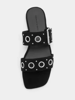 Faux Suede Grommet Buckled Slides