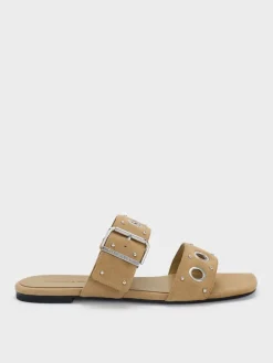 Faux Suede Grommet Buckled Slides