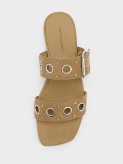 Faux Suede Grommet Buckled Slides
