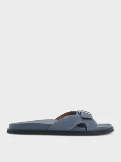 Faux Suede Stitch-Trim Buckled Slides