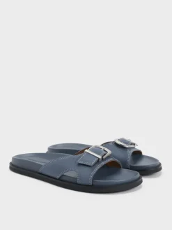 Faux Suede Stitch-Trim Buckled Slides
