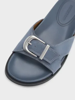 Faux Suede Stitch-Trim Buckled Slides