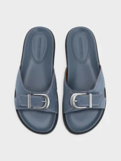 Faux Suede Stitch-Trim Buckled Slides