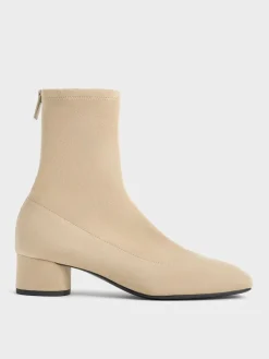 Faux Suede Stitch-Trim Heeled Ankle Boots