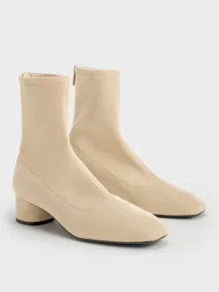 Faux Suede Stitch-Trim Heeled Ankle Boots