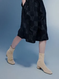 Faux Suede Stitch-Trim Heeled Ankle Boots