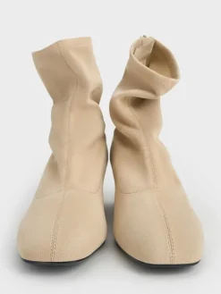 Faux Suede Stitch-Trim Heeled Ankle Boots