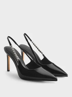 Flores Patent Gem-Strap Slingback Pumps