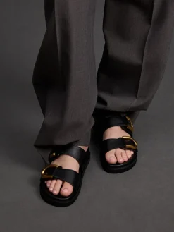Gabine Gold-Buckle Leather Slides