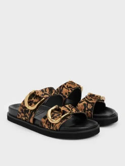 Gabine Leopard-Print Gold-Buckle Leather Slides