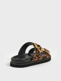 Gabine Leopard-Print Gold-Buckle Leather Slides