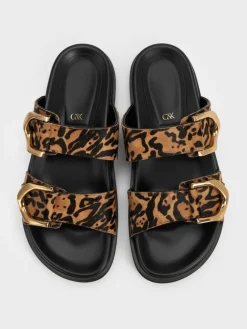Gabine Leopard-Print Gold-Buckle Leather Slides