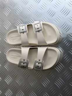 Gem-Buckle Double-Strap Sandals