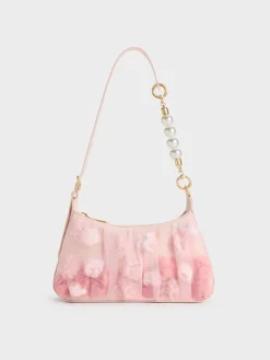 Gift Set: Floral-Mesh Pearl-Strap Shoulder Bag