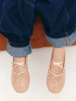 Girls' Lace Crystal Crossover Ballet Flats