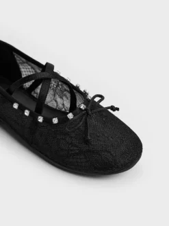 Girls' Lace Crystal Crossover Ballet Flats