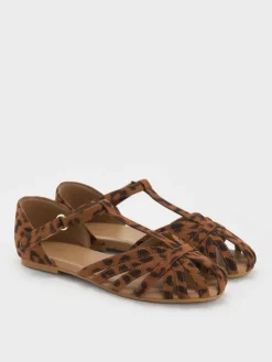 Girls' Leopard-Print Caged T-Bar Sandals
