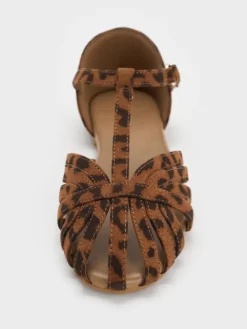 Girls' Leopard-Print Caged T-Bar Sandals