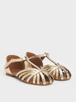 Girls' Metallic Caged T-Bar Sandals