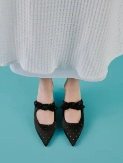 Jayce Dotted Knot-Bow Kitten-Heel Mules
