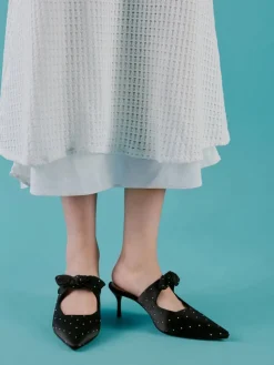 Jayce Dotted Knot-Bow Kitten-Heel Mules