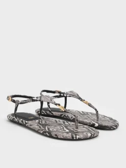 Leather Snake-Print T-Bar Thong Sandals