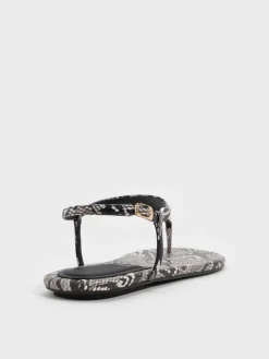 Leather Snake-Print T-Bar Thong Sandals