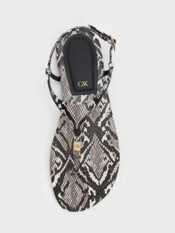 Leather Snake-Print T-Bar Thong Sandals
