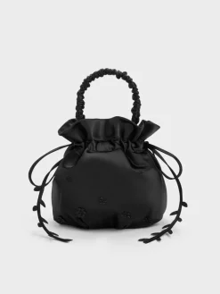 Mabel Satin Floral-Vine Bucket Bag