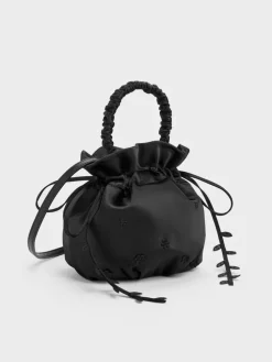 Mabel Satin Floral-Vine Bucket Bag