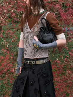 Mabel Satin Floral-Vine Bucket Bag