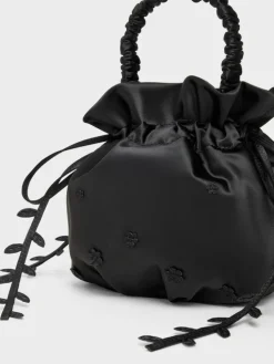Mabel Satin Floral-Vine Bucket Bag