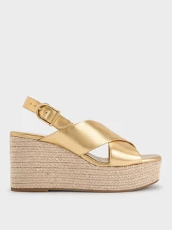 Metallic Crossover Espadrille Wedges