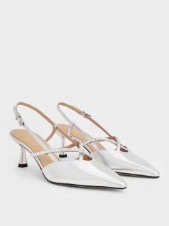 Metallic Leather & Satin Crystal-Embellished Slingback Pumps