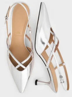 Metallic Leather & Satin Crystal-Embellished Slingback Pumps