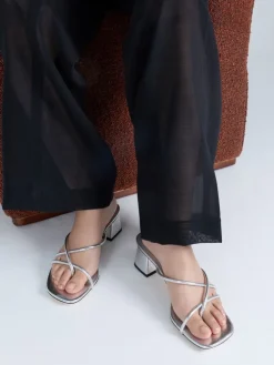 Metallic Strappy Toe-Ring Block-Heel Sandals
